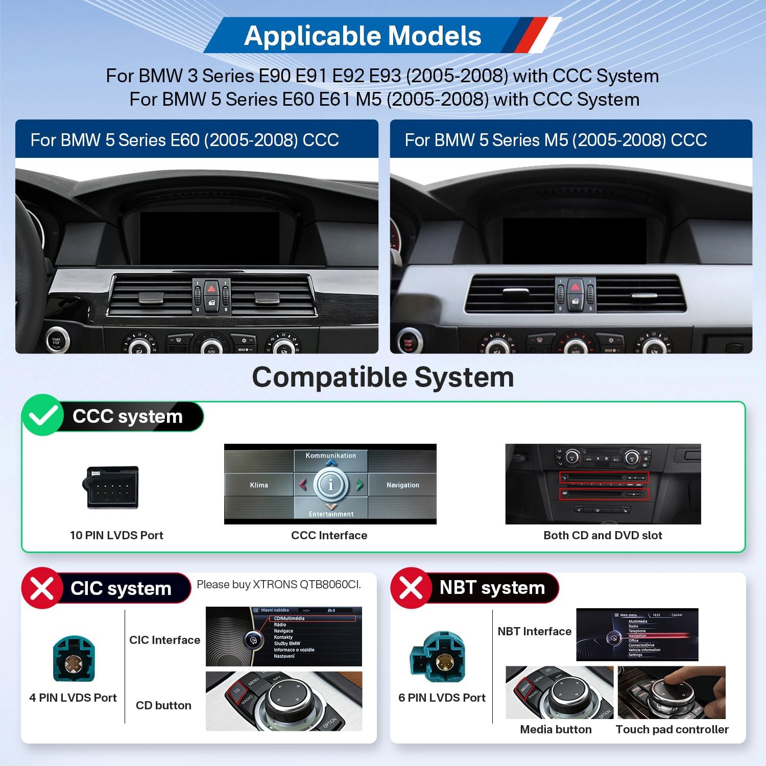 XTRONS 8.8" Car Stereo Android Octa-Core 4+64GB for BMW 3 Series E90 E91 5 Series E60 E61 (2005-2008) w CCC system Touch IPS Screen GPS navigation, w 4G LTE CarAutoPlay Android Auto Support AHD Camera