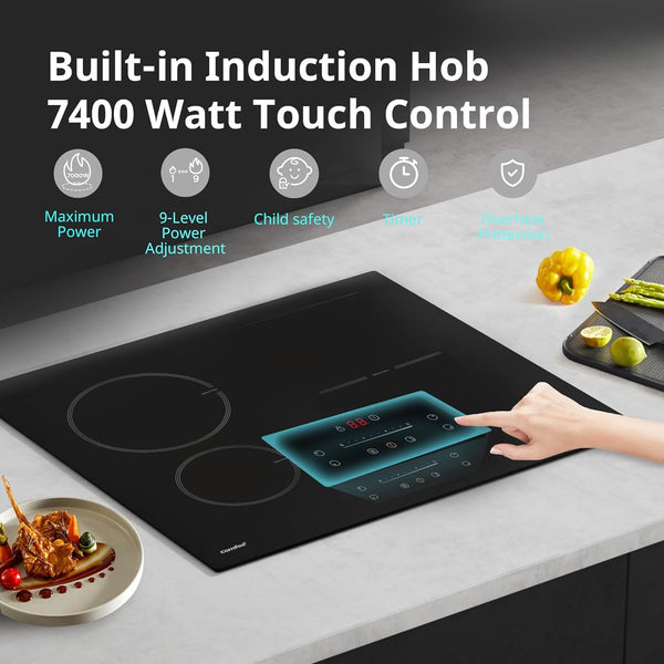 COMFEE' Induction Hob 7400 WATT with 4 Zones Induction Stove with Flexible Zone Built-in induction cooktop,Wiring, Touch control, Automatic Switch-Off, Child Safety Lock, No Plug Included