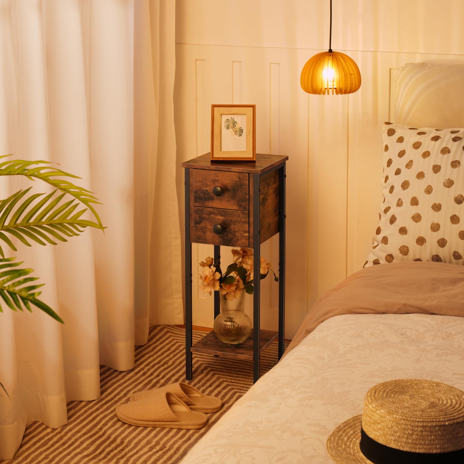 HOOBRO Narrow Bedside Table Set of 2, Slim Bedside Table, Telephone Table with 2 Drawers, Tall Side Table with Metal Frame, Small Nightstand with Open