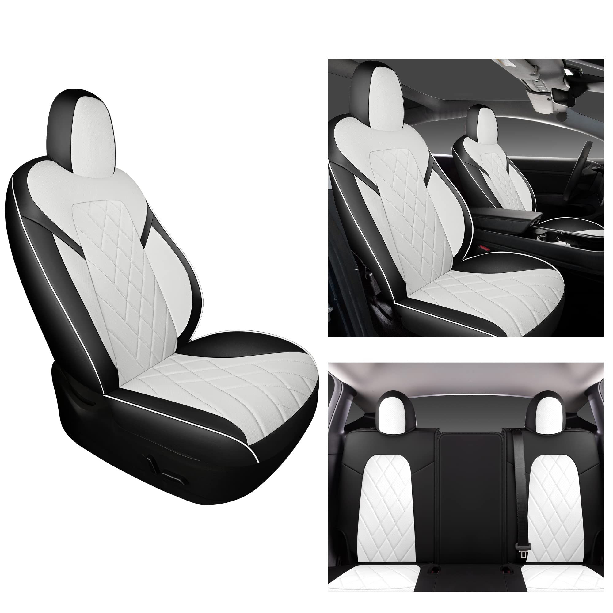 Tapha Faux Leather Seat Cover Set for Tesla Model 3 2017-2022, Breathable and Water-Resistant, Include Seat Covers for Front and Rear Seats (White/Grey)