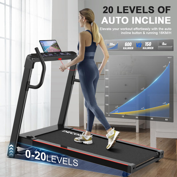 Decorcn Folding Treadmill for Home, 4.5HP, 20 Auto Incline, 1km/h-16km/h, 150KG limited, Running Machine for Heavy People with LED, Bluetooth Speakers, Silent Walking Pad