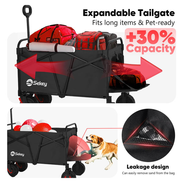 Sekey 332L Folding Festival Trolley with Expandable Tailgate, Patented Design Beach Cart - Diamond Collapsible, Wide All-Terrain Wheels, Brake, 350LB Load Capacity Heavy Duty Wagon for Camping, Black