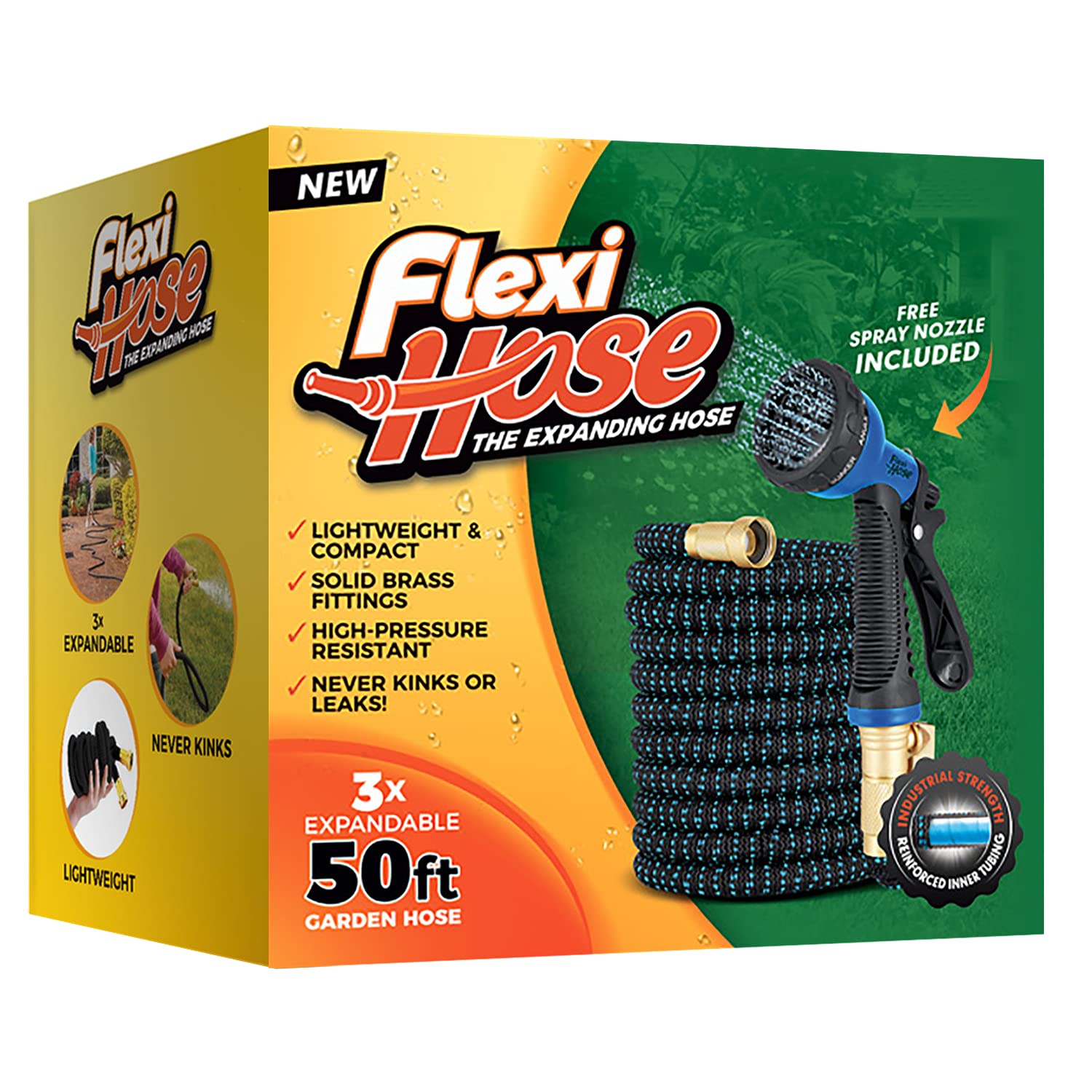 Flexi Hose Upgraded Expandable Garden Hose Pipe Including 8 Function Spray Gun Nozzle - Extra Strength with 2 cm Solid Brass Fittings - No-Kink Flexible Garden Hoses (Orange/Black 15 Metres)