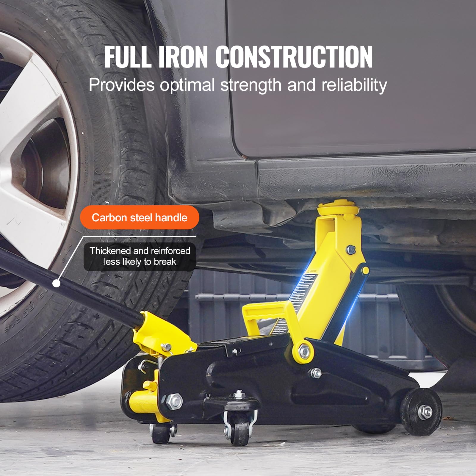 VEVOR Low Profile Floor Jack 1.5 Ton (3300 lbs), Heavy Duty Iron Hydraulic Racing Floor Jack, Hydraulic Car Jack, Single Piston Quick Lift Pump, 4.7"-12.1" Height Lifting Range (Yellow)