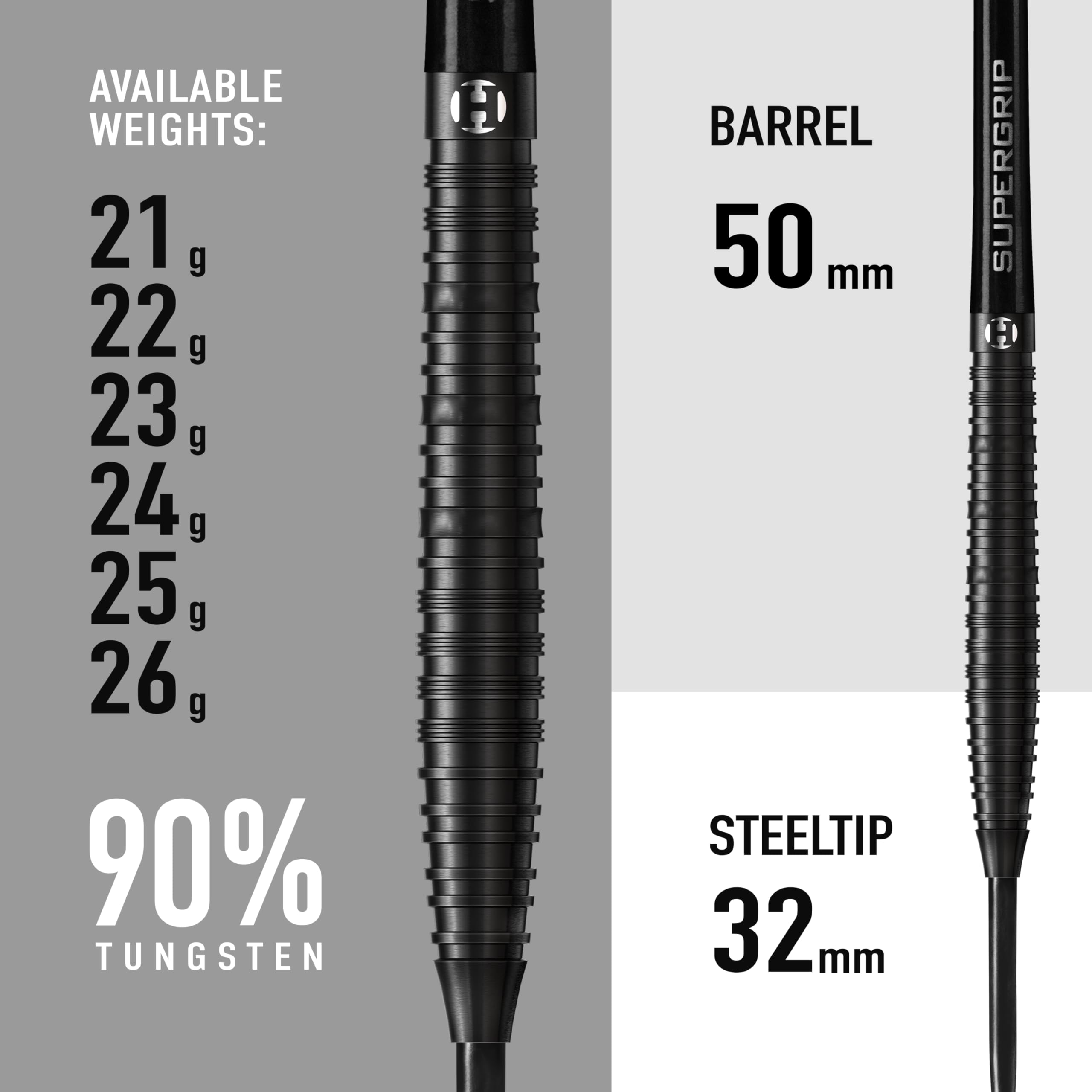 Harrows NX90 BLACK EDITION 90% Tungsten Steel Tip Darts Set 21g, 22g, 23g, 24g, 25g & 26g - Includes Black Supergrip Midi Shafts & Micron NX90 Flights