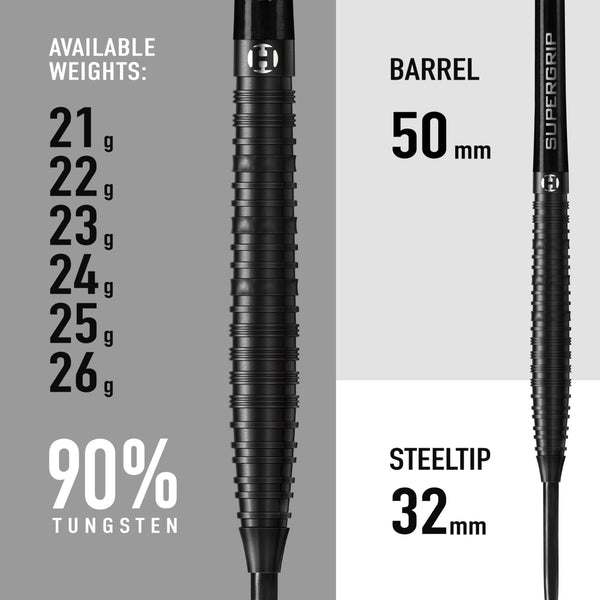 Harrows NX90 BLACK EDITION 90% Tungsten Steel Tip Darts Set 21g, 22g, 23g, 24g, 25g & 26g - Includes Black Supergrip Midi Shafts & Micron NX90