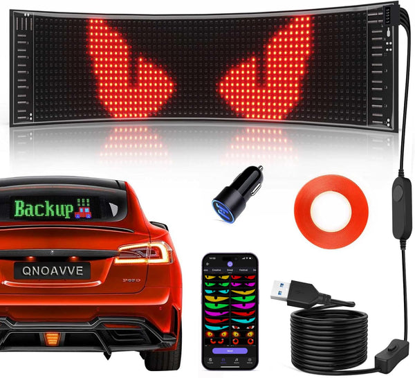 Qnoavve Bluetooth App Control LED Sign, 14.6"x3.6" Devil Eyes Car Lights, Flexible USB 5V LED Car Sign, Programmable Customizable Display Panel, Scrolling Message Board for Store Bar Hotel Party