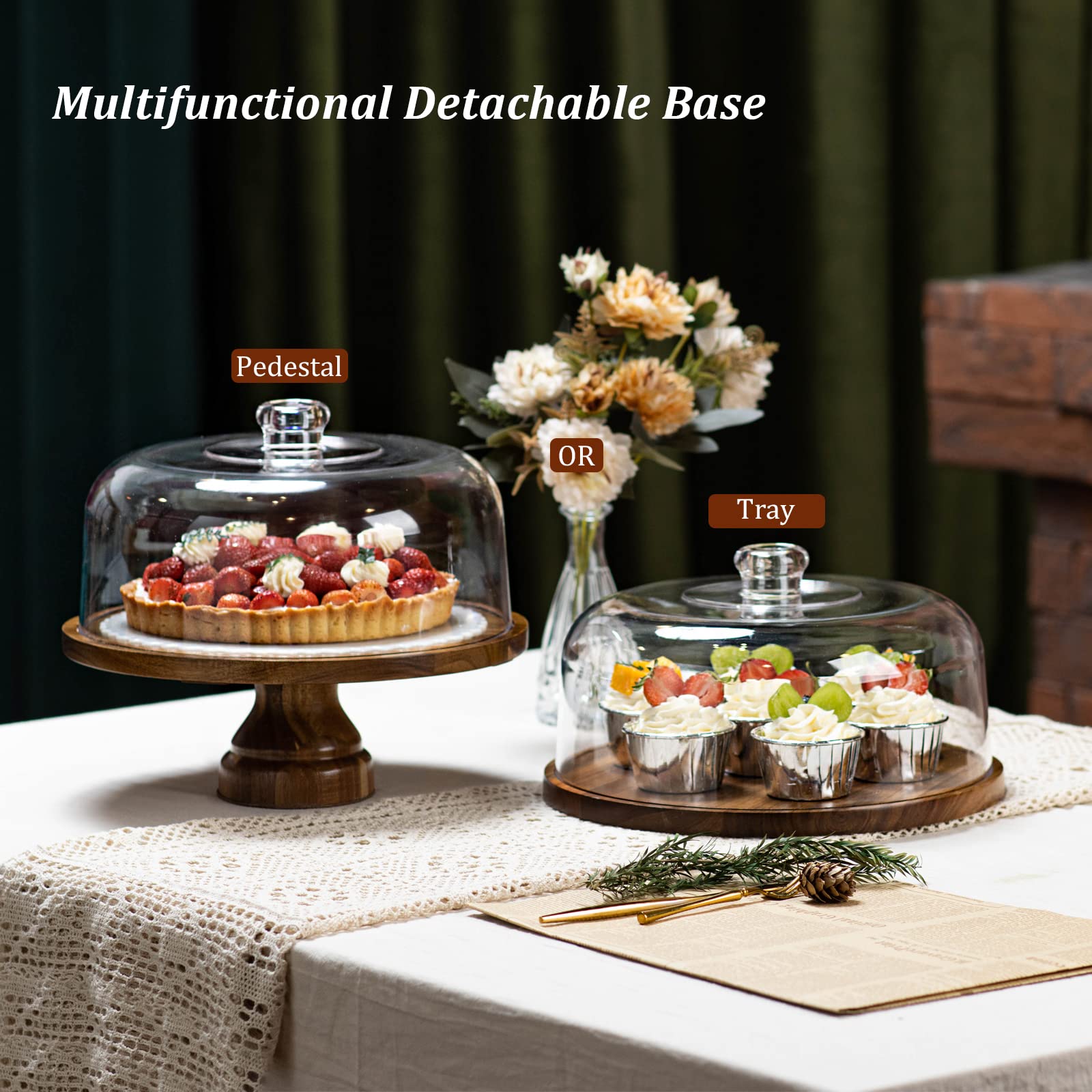 ANBOXIT Cake Stand with Dome Lid, Acacia Wood Cake Plate with Cover, Wooden Cake Display Stand with Acrylic Dome ( Footed )