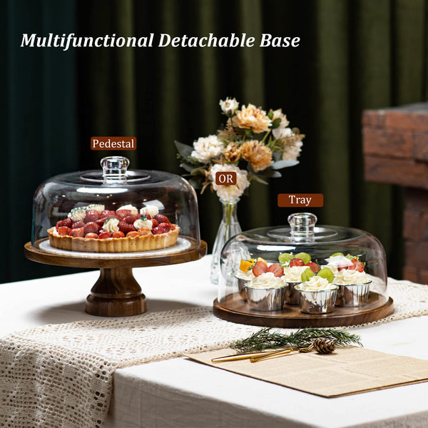 ANBOXIT Cake Stand with Dome Lid, Acacia Wood Cake Plate with Cover, Wooden Cake Display Stand with Acrylic Dome ( Footed )
