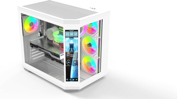 IONZ APEX Vision - PC Gaming Case, M/ATX Mini Tower, Dual Chamber with 6 ARGB PWM Fans - LCD Screen | Supports 240 mm AIO, White