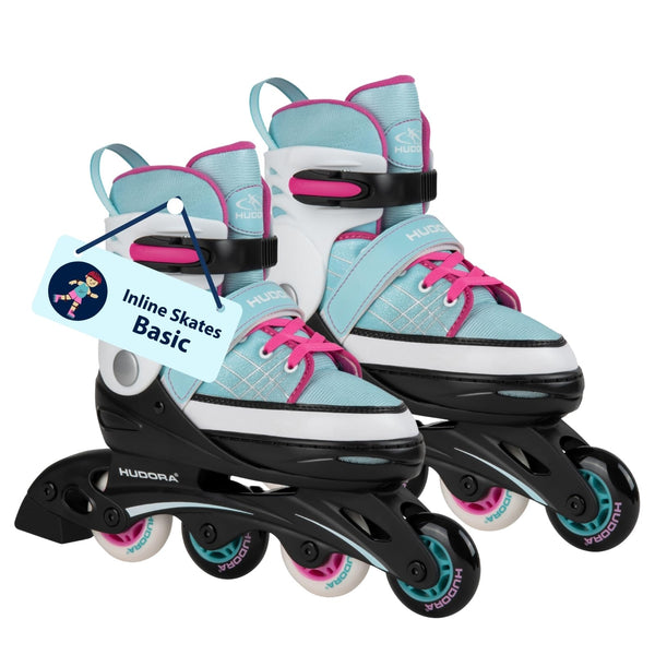 HUDORA Inline Skates Basic in blue/mint - Inliner for children & teenagers in various sizes - Roller skates adjustable up to 4 sizes - Ideal as entry