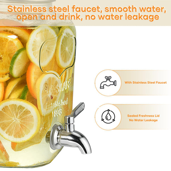 8L Glass Drink Dispenser with Stainless Tap, Glass Beverage Dispenser for Parties, Beverage Dispenser with Faucet and Bamboo Stand, Water Jug with Tap