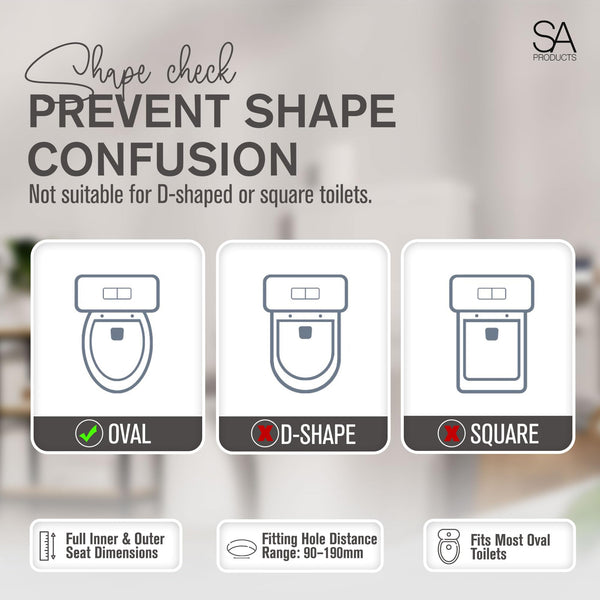 SA Products Quick Release Toilet Seat - with Soft Close & Quick Release Hinges for Easy Cleaning - Universal Bathroom Bowl Seating with Thermoset Lid, ABS Cylinder, Fixings - 44.1x36.5x5cm, White