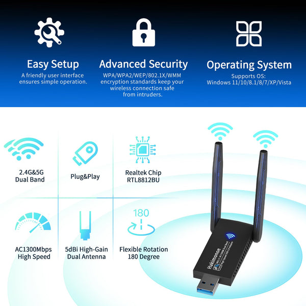 AC1300 USB 3.0 WiFi Adapter for PC, Super-Fast Wireless Network Card Dongle High Gain 5dBi Antenna Dual Band 2.4G/5GHz w/USB Driver for Win 11 10 8.1 8 7 Laptop Desktop, Plug n Play
