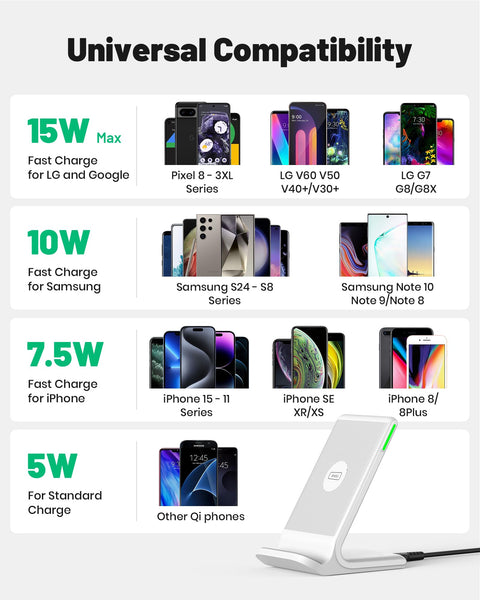 INIU Wireless Charger Stand, 15W Qi Fast Charging Dock Phone Charger, Adaptive LED Wireless Charging Station for iPhone 16 15 14 13 12 11 9 8 XR, Samsung S22 S21 S10 S9, LG V40 G8, Pixel 8 7 6 etc.