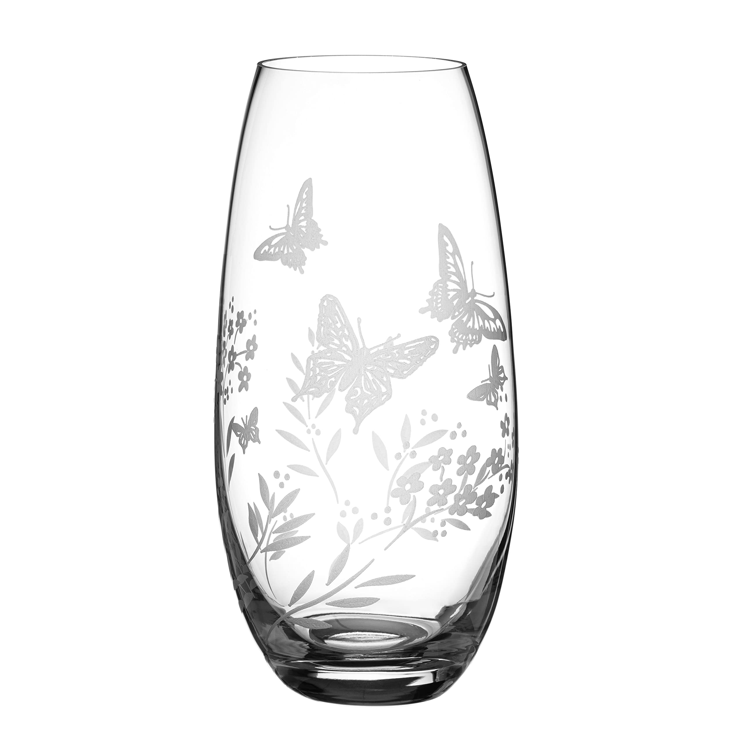 DIAMANTE 'Butterfly' Vase - Hand Etched Butterfly Wild Flowers Floral Pattern Barrel Vase - 25cm Clear