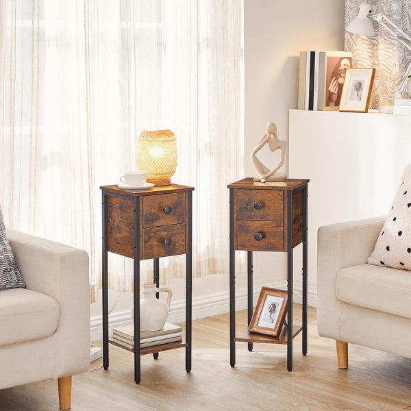 HOOBRO Narrow Bedside Table Set of 2, Slim Bedside Table, Telephone Table with 2 Drawers, Tall Side Table with Metal Frame, Small Nightstand with Open