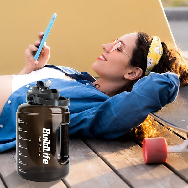 BuildLife Water Bottles with Straw & Flip Cap 2 in 1 Lid - Large Water Bottle with Time Markings BPA Free Leak Proof Wide Mouth Drinks Bottle,2.5 Litre Durable Sports Water Bottle (Black)