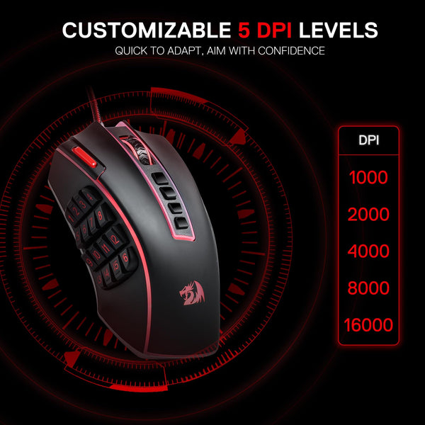 Redragon M990 MMO Gaming Mouse, 32000 DPI High Precision Wired RGB Gamer Mouse w/23 Programmable Buttons, 16 Side Macro Keys, Software Supports, Aluminum Base
