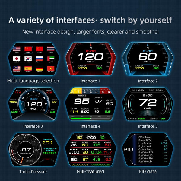 AMHVMU P17 HUD car heads up display,digital speedometer car mph,OBD2 plus GPS Dual System,Heads up Display Car,Water Temperature Gauge,Tachometer,Suitable for all Vehicle Models