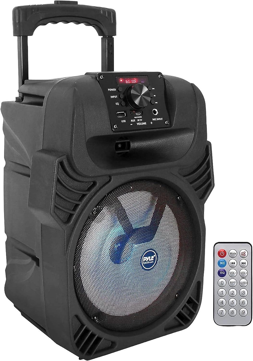 Pyle, Portable Dj Speaker System 400W, Bluetooth Pa Loudspeaker - 8” Subwoofer, USB/MP3/FM Radio/Mic Inputs, LED Lights, Rechargeable Battery w/Remote Control