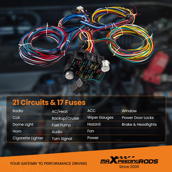 maXpeedingrods Wiring Harness, Universal 21 Circuit 17 Fuses Wiring Kit, Standard Color Long Wire Harness Set for Car Truck RV Motor