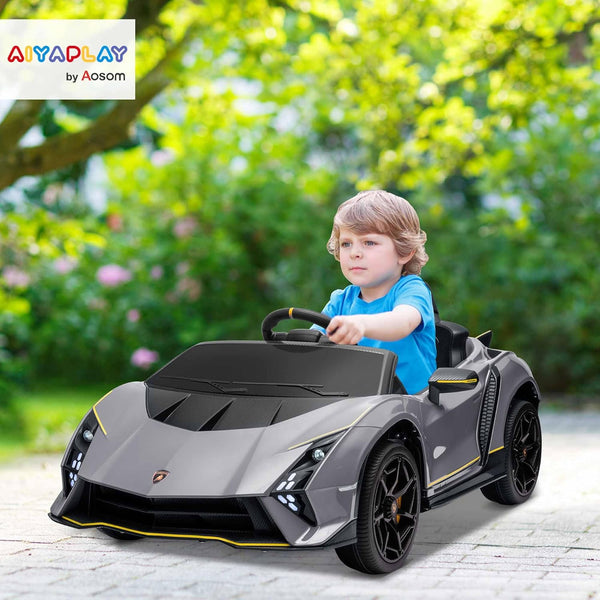 AIYAPLAY 12V Lamborghini Autentica Licensed Kids Electric Car with Butterfly Doors, Ride on Car with Remote Control, 4 Suspension Wheels, Soft Start, LED Lights, Music, Horn, Grey