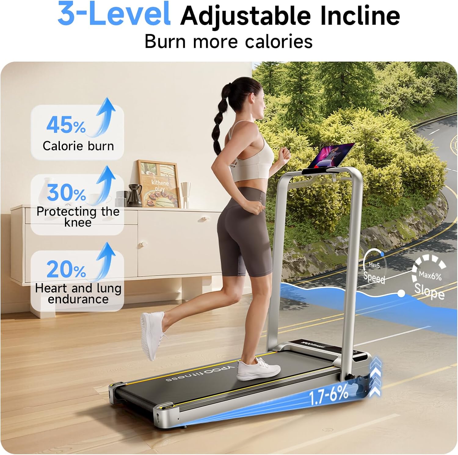 YPOO Walking Pad with Incline 3 in 1 Walking Pad with Handle 3 Level Incline, Portable Folding Treadmills for Home Foldable 300lbs Under Desk Treadmill LED Display Remote Control & APP