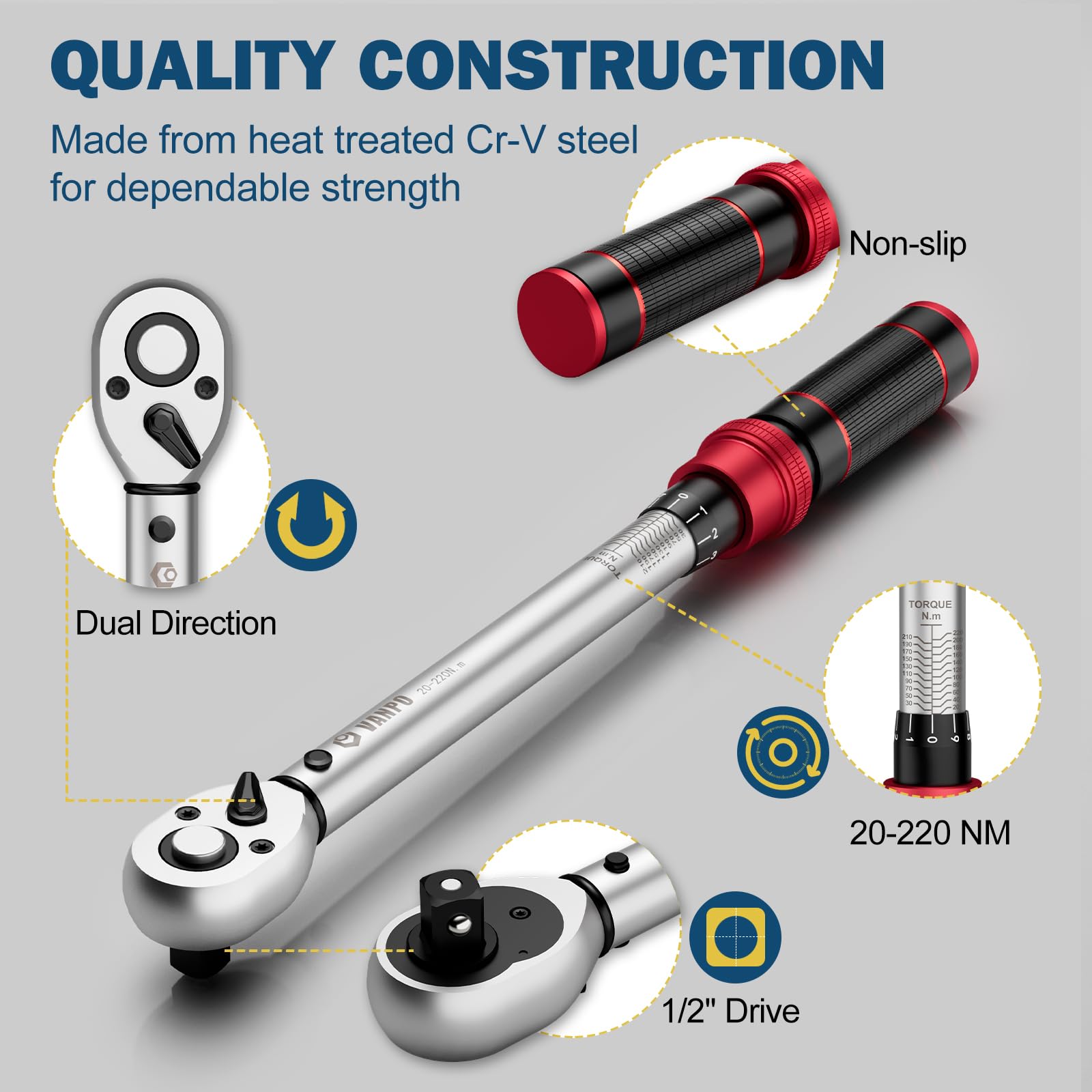 VANPO Torque Wrench 3/8” Drive, 5-60 NM, ±3% Accuracy, 72 Tooth Click Torque Wrench Set with 3/8 to 1/4 Adapter, 125 mm Extension Bar for Bike and Motorcycle, Car Spark