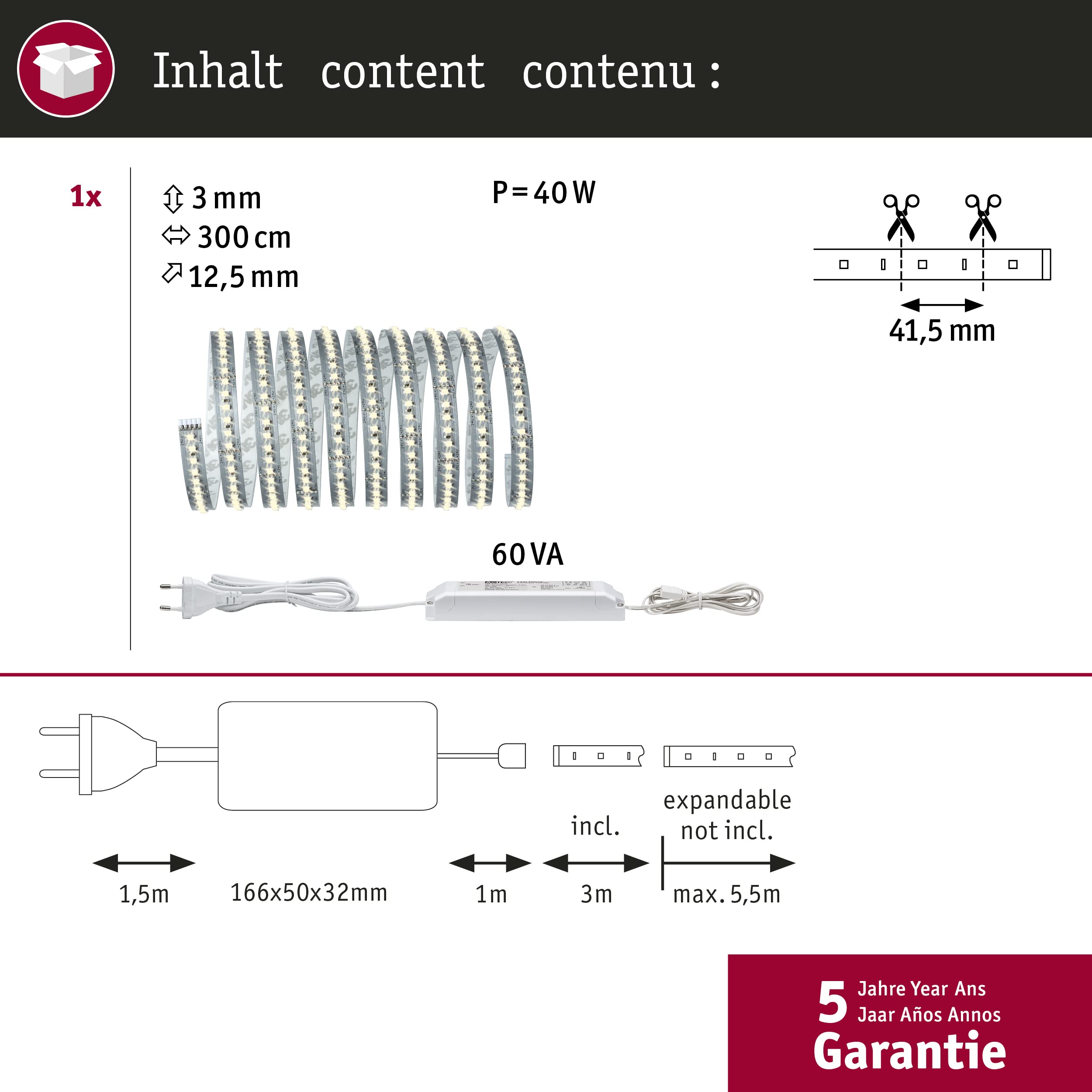 Function MaxLED 1000 Basicset 3m Warm White 40W 230/24V 75VA Silver