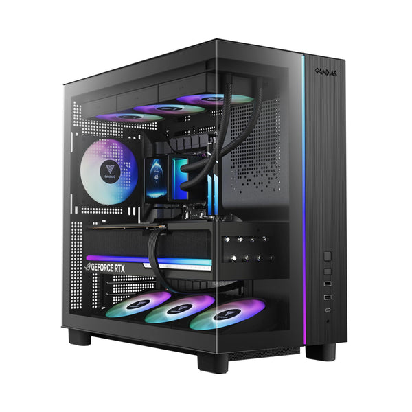 GAMDIAS PC Case, ATX Gaming Mid Tower, No-Hub, Real-time Monitor, Seamless Tempered Glass, Pre-install 3 x 120 mm ARGB PWM Fans, Side Vents Perforated, Black