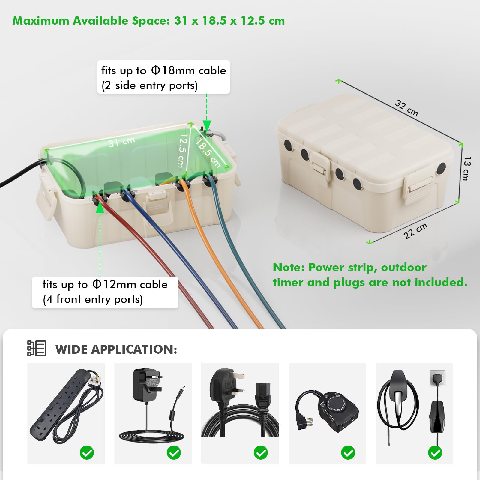 RESTMO Extra Large Waterproof Electrical Box, IP54 Weatherproof Outdoor Outlet Cover, Protect Outlet, Plug, Timer, Power Strip (Not Included), Holiday Light Decoration, 32 x 22 x 13 cm, Black