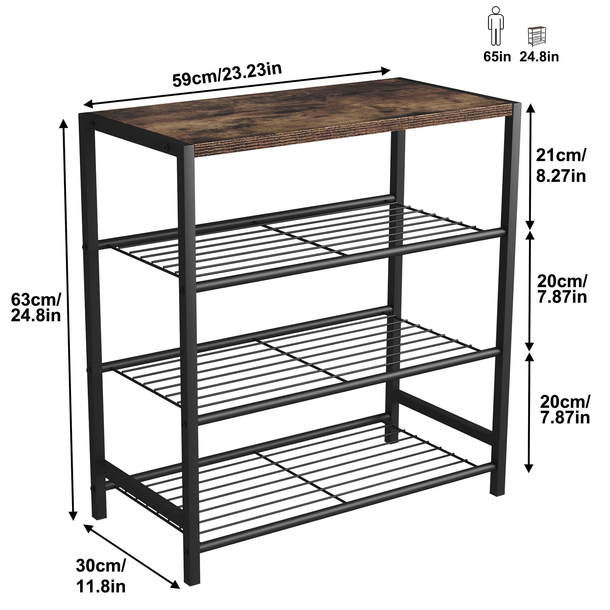 HOME BI 4-Tier Industrial Shoe Rack,Metal Shoe Storage Organizer Shelves with Stable Metal Frame, Shoe Organizer for Closet, Hallway, Entryway, Living