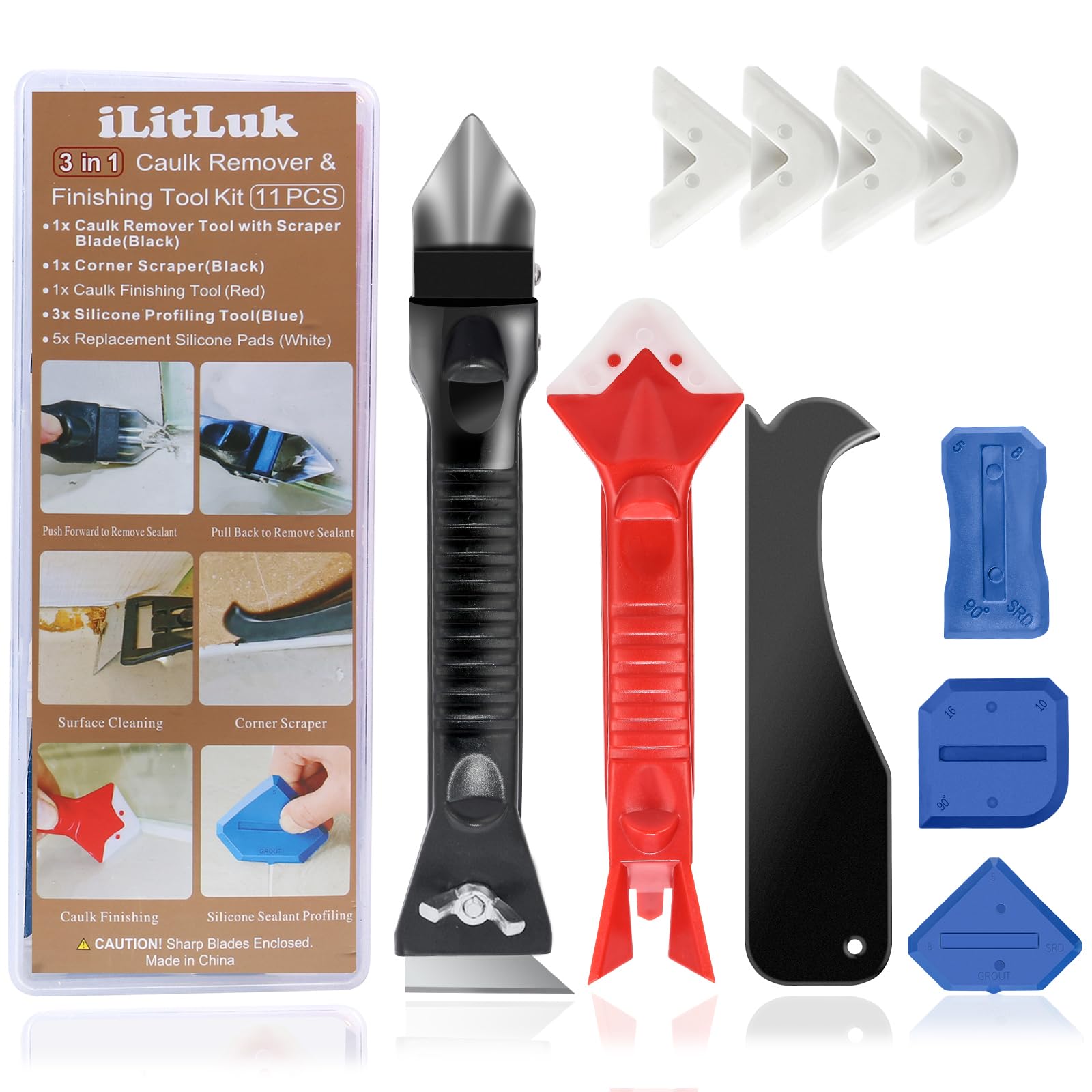 iLitLuk Drip-Free Caulking Gun Ratchet Rod Caulk Gun Applicator 15:1 Thrust Ratio Labor-Saving Lightweight Nylon Frame Cartridge Gun for 10oz/300ml Standard Caulk Tubes with Silicone Finishing Tools