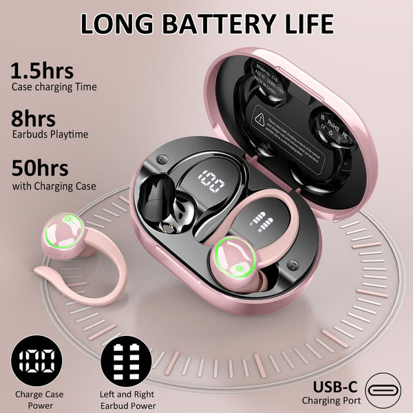 Wireless Earbuds, Bluetooth 5.4 Headphones, 50H+ Playtime Stereo Noise Canceling Headphones with 4 ENC Mic, Sport Ear buds with Earhooks, IPX7 Waterproof Wireless Earphones for Sport/Running/Gym