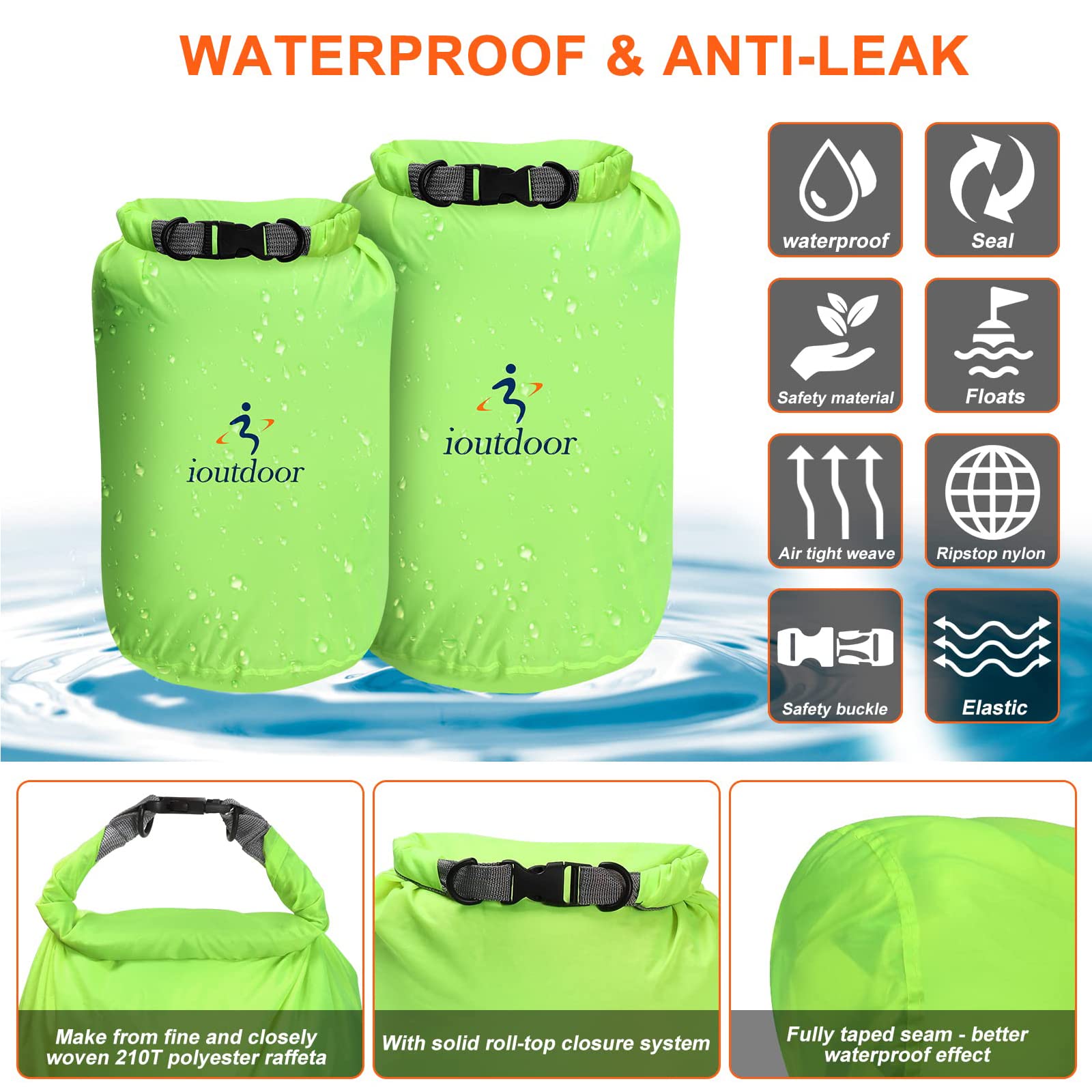 ioutdoor Dry Bag Set 2L + 5L + 10L + 20L+ 40L+ 70L Waterproof Small Lightweight Dry Bags for Paddle Board Kayaking Swimming Fishing Camping Hiking