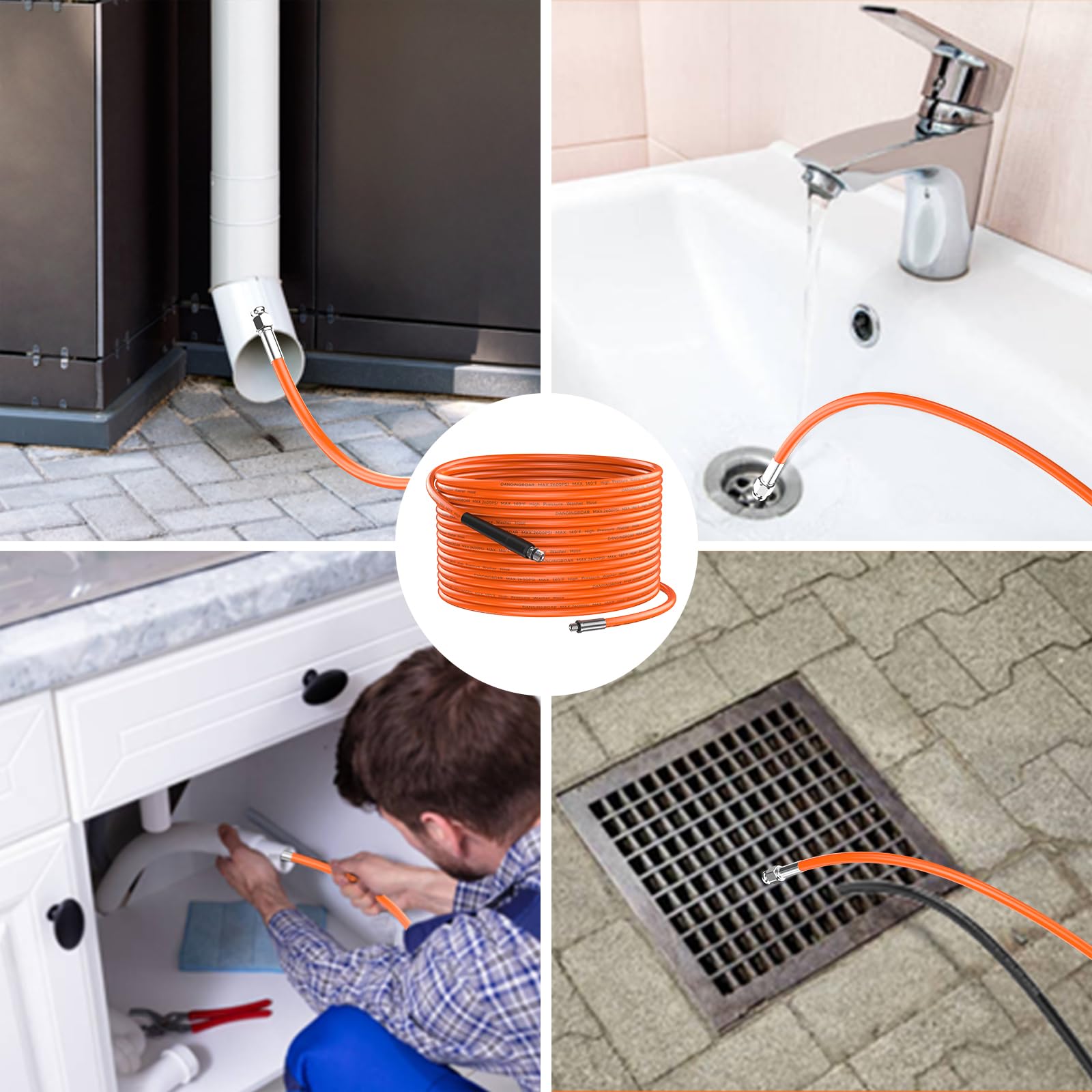 DANCINGBOAR 15M Pressure Washer Drain Pipe Hose Cleaning Kit with Jet Nozzle, Tube Unblocker Sewer Jetter Kit Compatible for Karcher K2 K3 K4 K5 K6 K7 Series, 2600PSI/180BAR