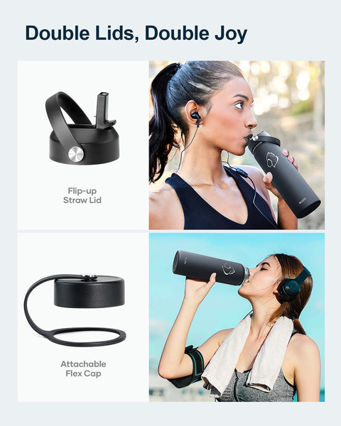 Stainless Steel Water Bottle 2L, BUZIO Vacuum Insulated Water Bottle with Straw Lid and Flex Cap Cold for 48 Hrs, Hot for 24 Hrs Double Wall Wide Mouth BPA Free Leak Proof, Black