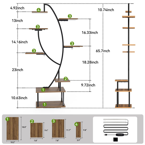 Zekoled 9-Tier Plant Stand with Grow Lights & Auto Timer, 167cm Tall S-Shaped Indoor/Outdoor Plant Shelf, Metal Plant Flower Holder, StandSpace-Saving Corner Shelf for Home, Balcony, Patio