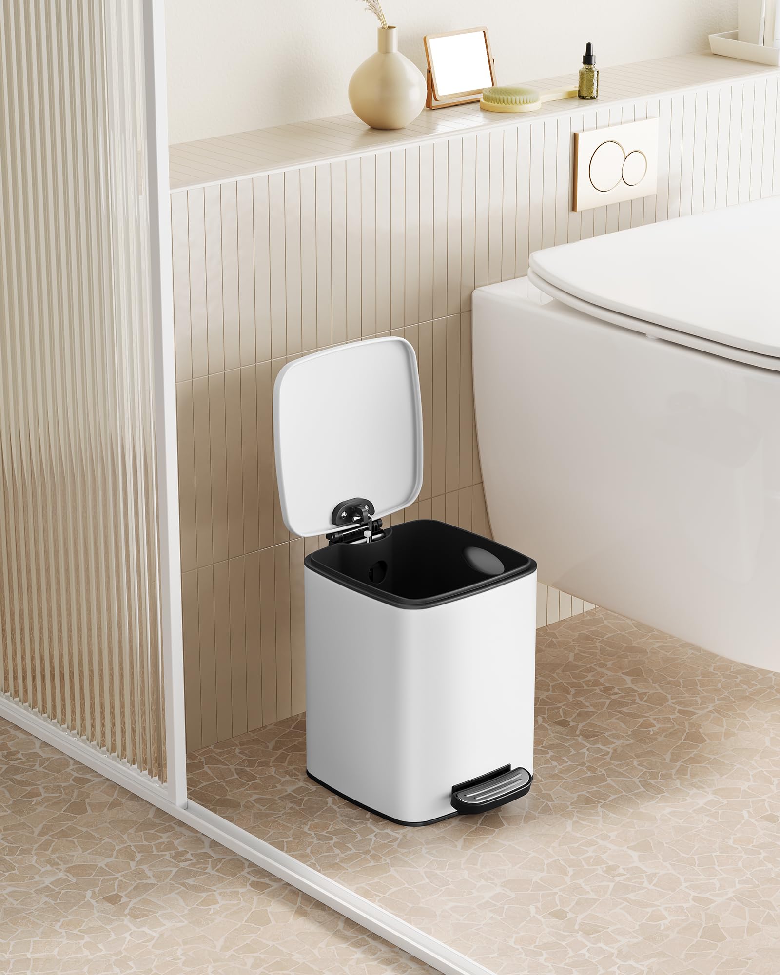 SONGMICS Kitchen Bin, 8-Gallon (30 L) Trash Bin, Steel Pedal Bin, with Inner Bucket, Soft Close and Stays Open, Metallic Silver LTB593E01