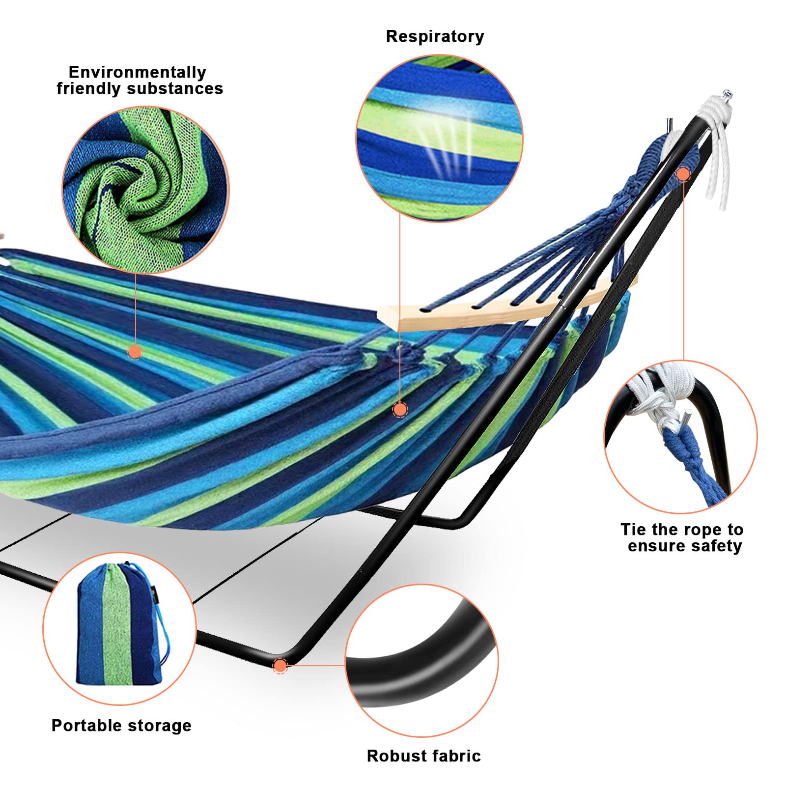 Hammock with Stand, Double Cotton Hammock with Spreader Bars, Space-Saving and Adjustable Steel Stand Perfect for Garden Camping Travel Backyard,
