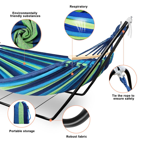 Hammock with Stand, Double Cotton Hammock with Spreader Bars, Space-Saving and Adjustable Steel Stand Perfect for Garden Camping Travel Backyard,