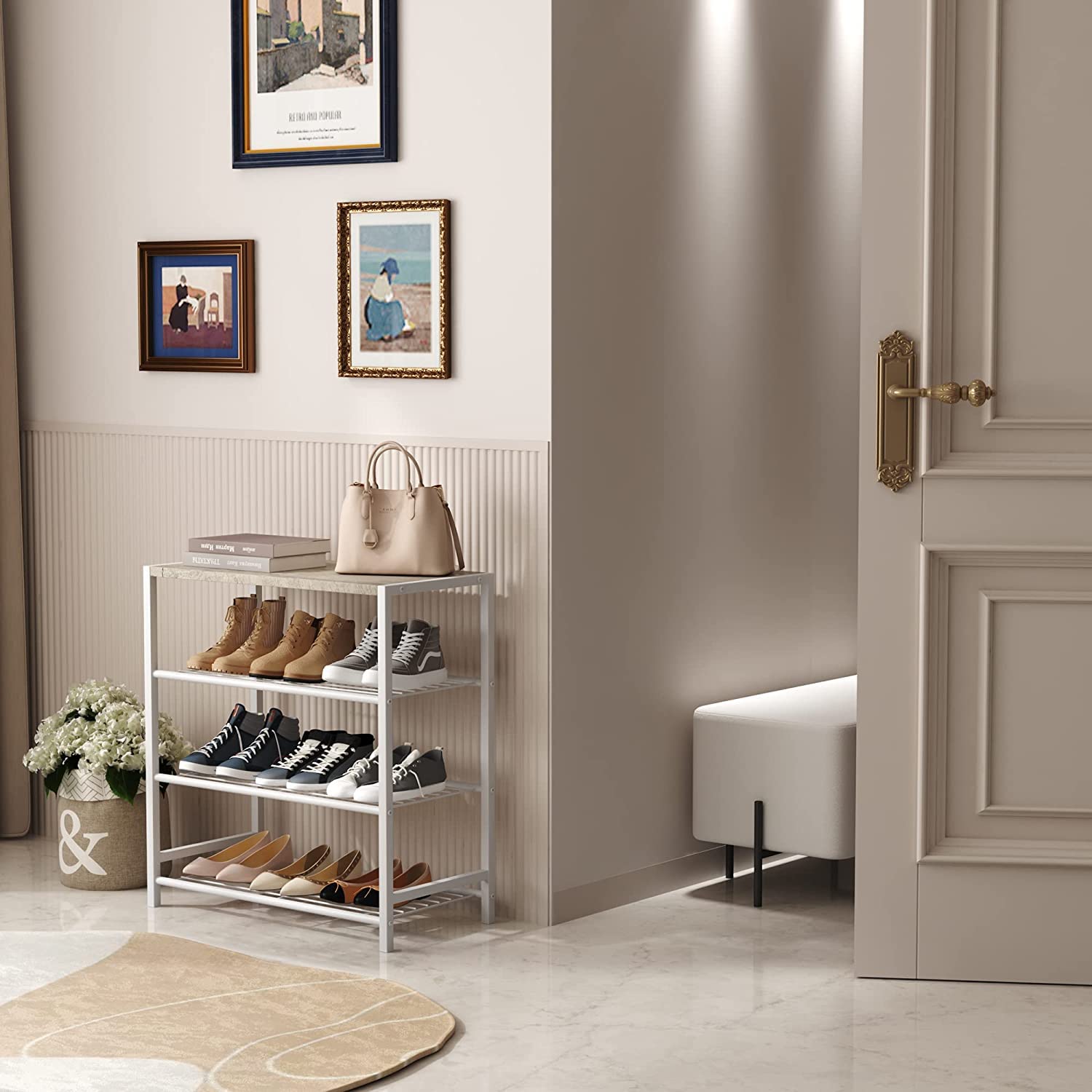 HOME BI 4-Tier Industrial Shoe Rack, Metal Shoe Storage Organizer, Durable Shoe Shelf for Closet, Hallway, Entryway, Living Room,White