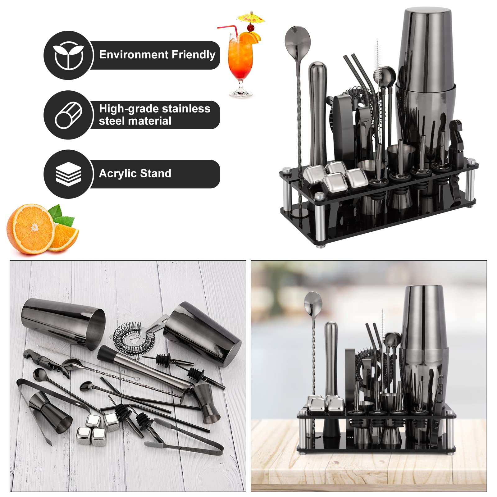 KinGrow Cocktail Shaker Set, 23-Piece Boston Stainless Steel Bartender Kit with Acrylic Stand & Cocktail Recipes Booklet, Professional Bar Tools for