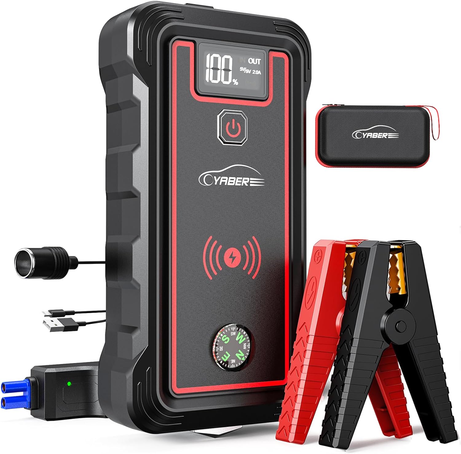 YABER Jump Starter Power Pack 5000A Peak Car Battery Booster Jump Starter for All Gas Petrol 8.0L Diesel Engines - Jump Starter with 10W Wireless Charger + LED Flashlight + USB-C Port + Digital LCD Screen + Compass + Safety Hammer