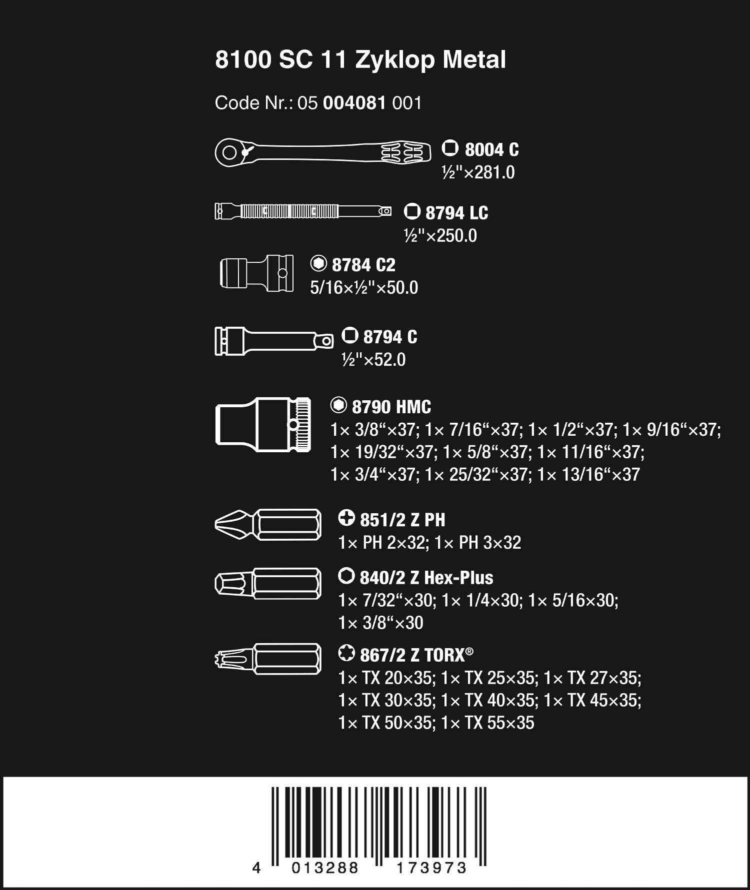 Wera 05004051001 8100 SB 11 Zyklop Metal Ratchet Set with switch lever, 3/8" drive, imperial, 29 pieces, Silver