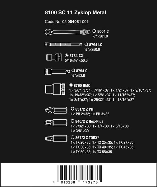 Wera 05004051001 8100 SB 11 Zyklop Metal Ratchet Set with switch lever, 3/8" drive, imperial, 29 pieces, Silver