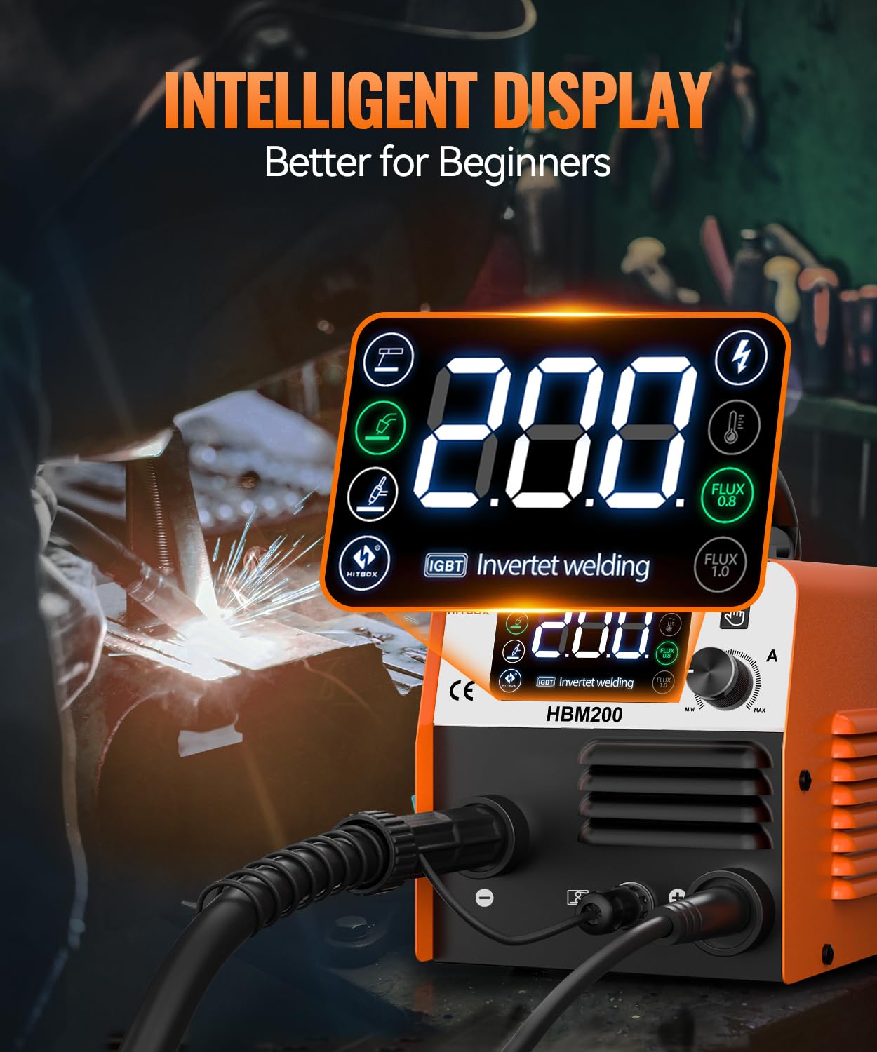 HITBOX Gasless MIG Welder 240V 200A, 3-in-1 Synergy Welding Machine MIG/ARC/Lift TIG with LED Display, Flux Core Wire & MIG Torch – IGBT Inverter Portable Welder(HBM200)