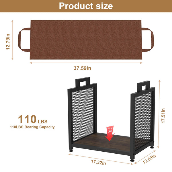 Firewood Rack for Indoor, Heavy Duty Fire Wood Racks Holder, 17.32" Metal Wood Storage Log Holder with Leather Carrier, Small Firewood Stand for