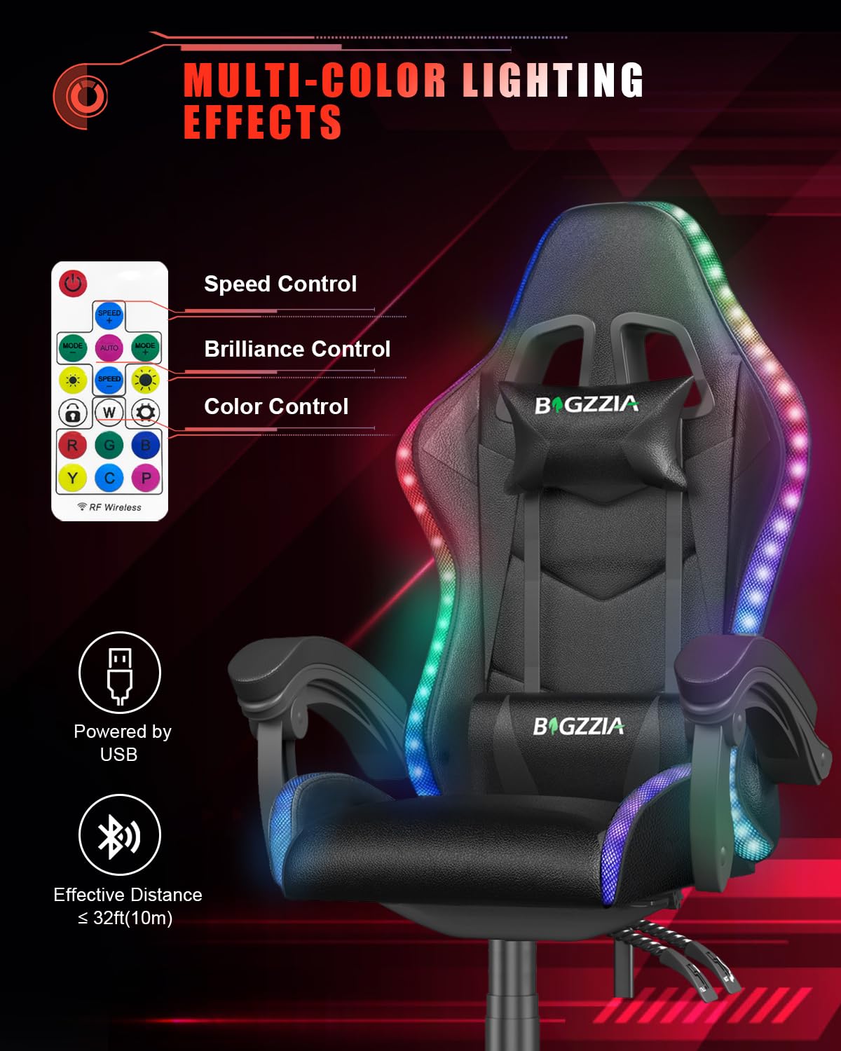 Racingreat Gaming Chair with Led Lights, Video Game Chair, Ergonomic RGB Gaming Chair for Adults, Height Adjustable Reclining Computer Chair with Headrest and Lumbar Support (With RGB, Black)